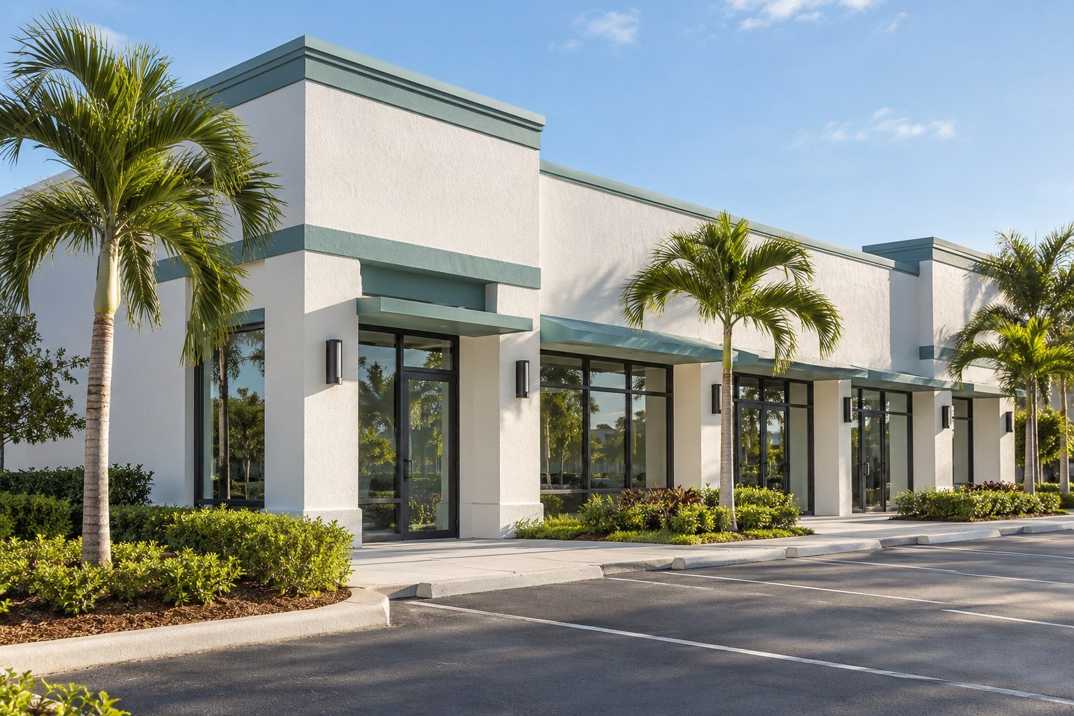 Illustrative commercial exterior painting concept: white stucco facade with teal trim and palms.