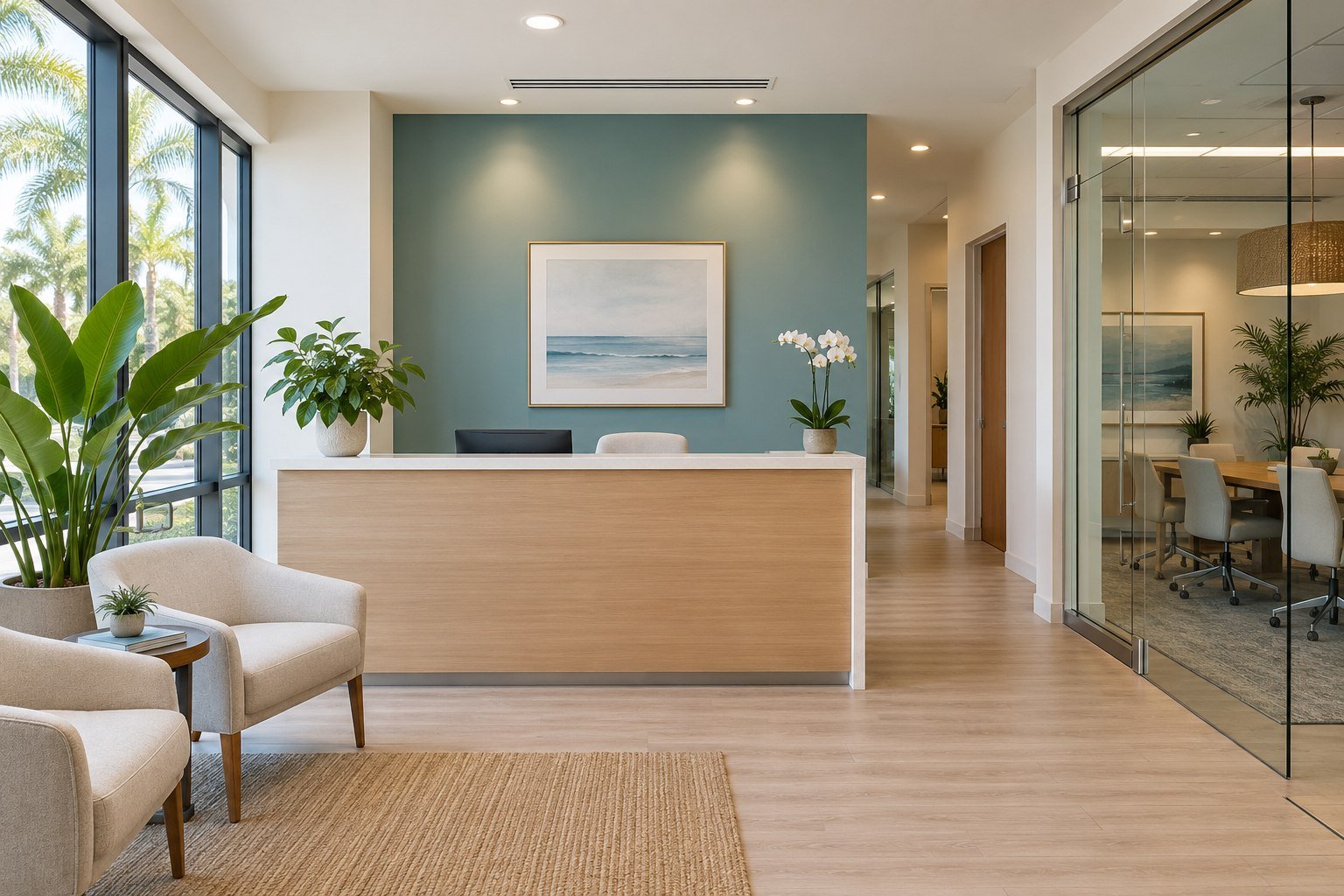 Illustrative commercial interior painting concept: office reception with white walls and a muted teal accent wall.