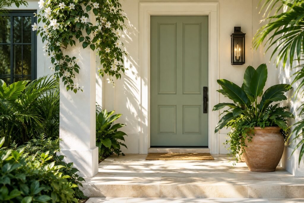 Sage entry door with warm white stucco and tropical planters