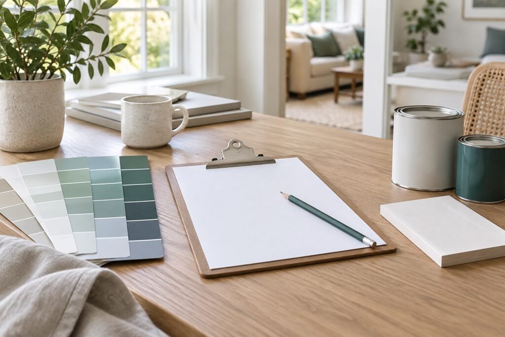 Painting estimate planning with color samples, a clipboard and paint supplies.