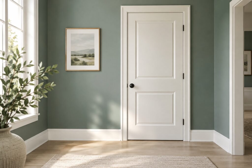 Fresh white interior door and trim beside a soft sage wall