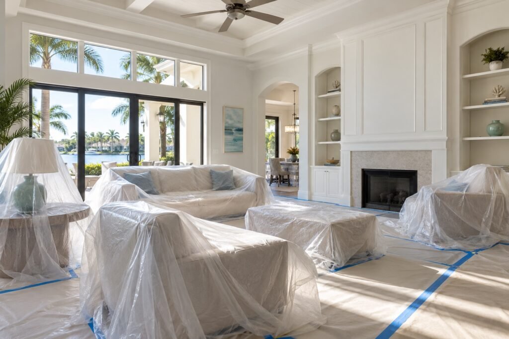 Illustrative furniture and flooring protected for interior painting.