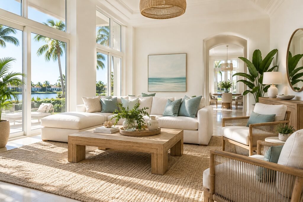 Illustrative interior painting concept in a bright living room with tropical views.