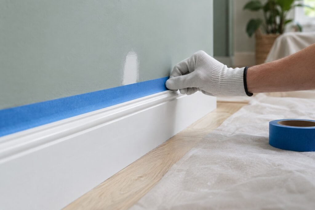 Protected wood floor and carefully masked interior wall