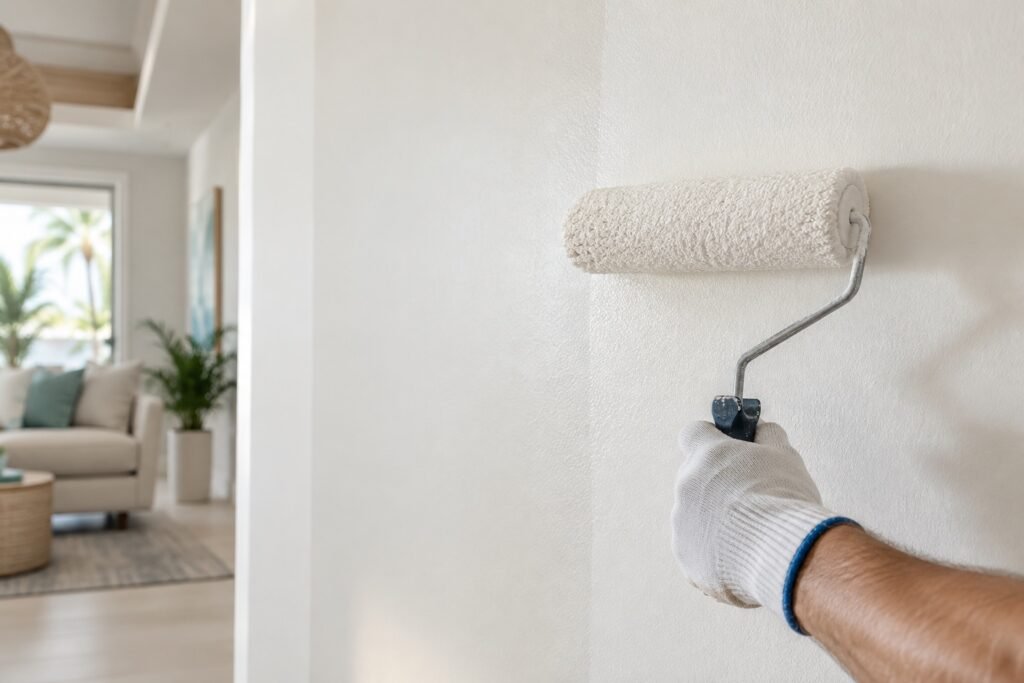 Illustrative roller applying a warm white interior finish.