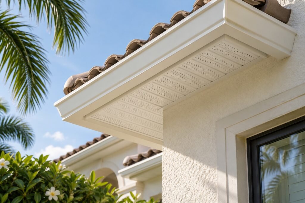 Illustrative fascia and soffit roofline detail with a coordinated exterior finish.