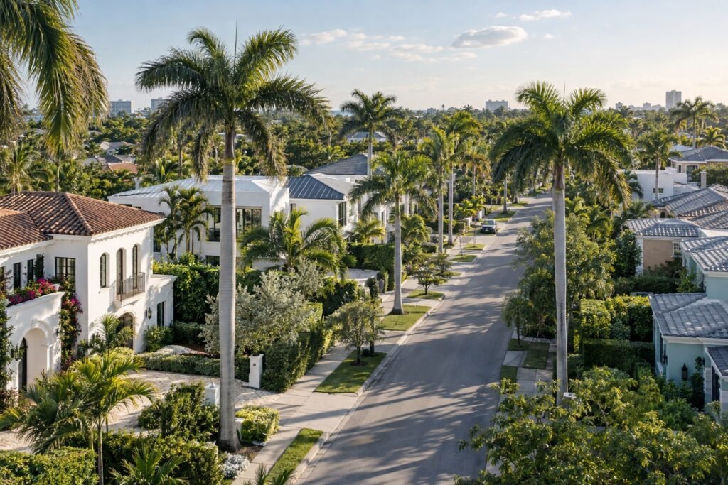 Illustrative South Florida residential neighborhood with palm trees