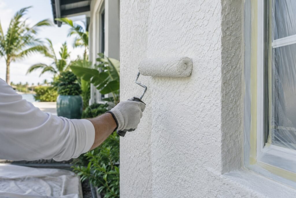 White coating being rolled onto a textured stucco exterior